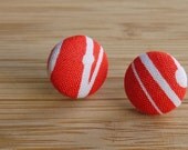 Fabric Covered Button Earrings - Red with White Dotted Stripes
