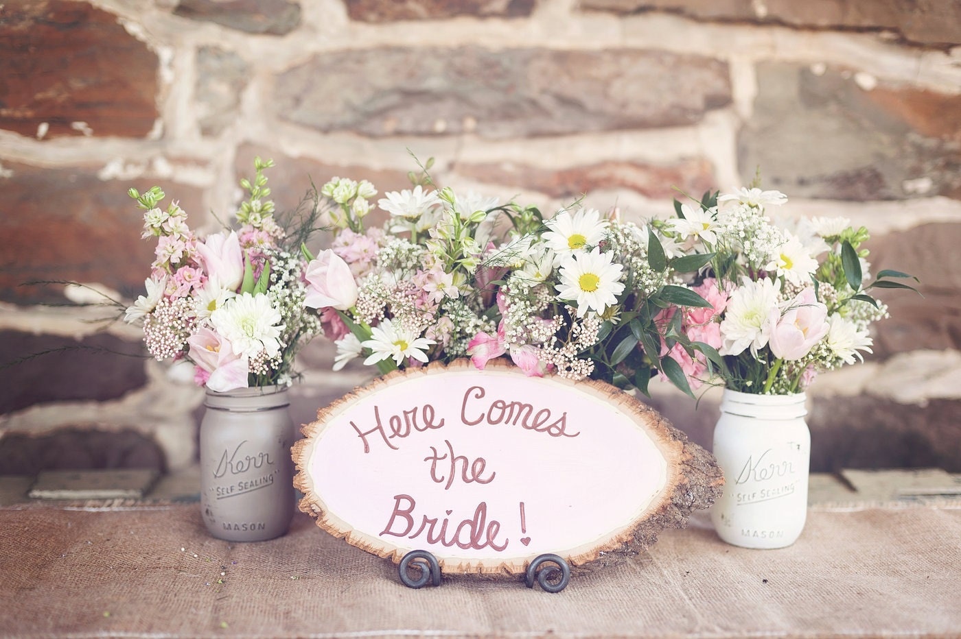 Rustic Wood Slice Here Comes the Bride Custom Painted Sign