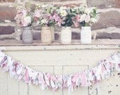 Shabby Chic Fabric Banner Rustic Wedding Decor- Pink, Blue, Cream, and Lace