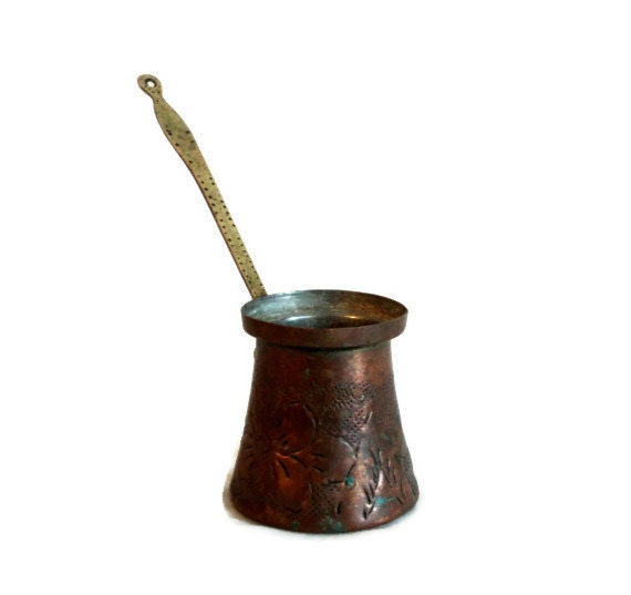 Folk art FLOWERS etched on vintage copper Turkish COFFEE pot Chisel HAMMERED cezve Ornate brass handle Rustic earthy home decor rack hanging