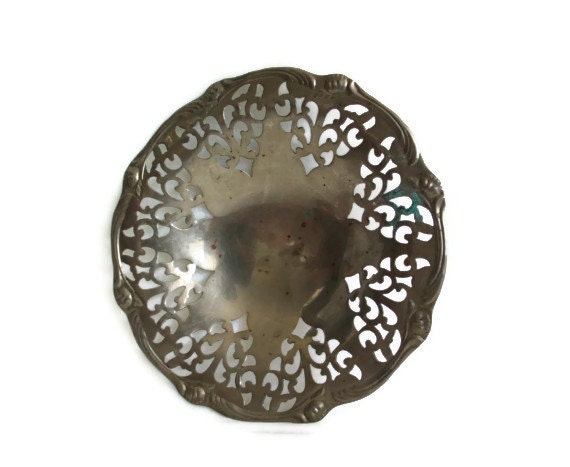 Vintage copper & tin bowl, Carved, punched out tinware trinket TRAY. RUSTIC catch all dish, Metallic grey, metal carving, all feet BROKEN