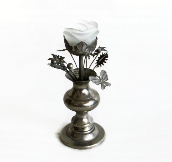 Vase w metal butterflies & flowers. Unique vintage candle holder Butterfly ornaments Frosted glass candleholder cup. Modern industrial decor