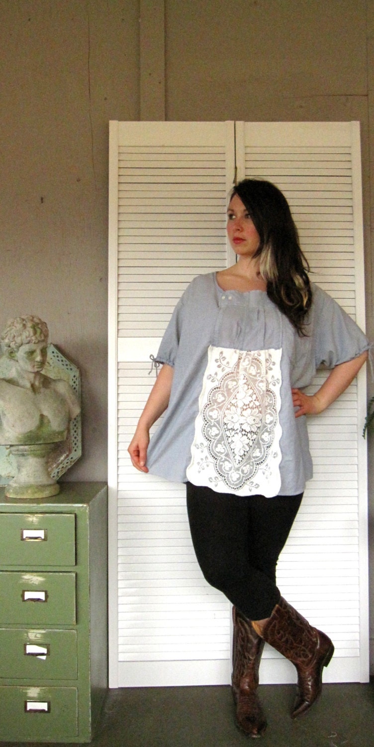 XLarge 1X 2X 3X upcycled clothing plus size Lagenlook top Lace peasant Smock casual Tunic layered Boho country farmgirl rustic cowgirl