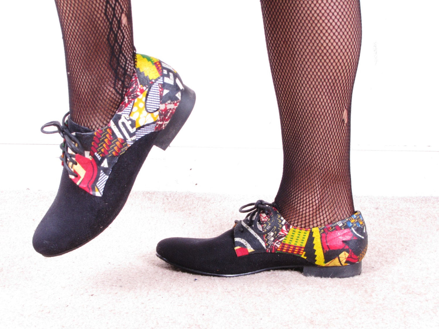 Ankara African Print Patchwork Faux Vegan SuedeReconstructed Flats Lace Up Oxford flat Heel Shoes size usa 8