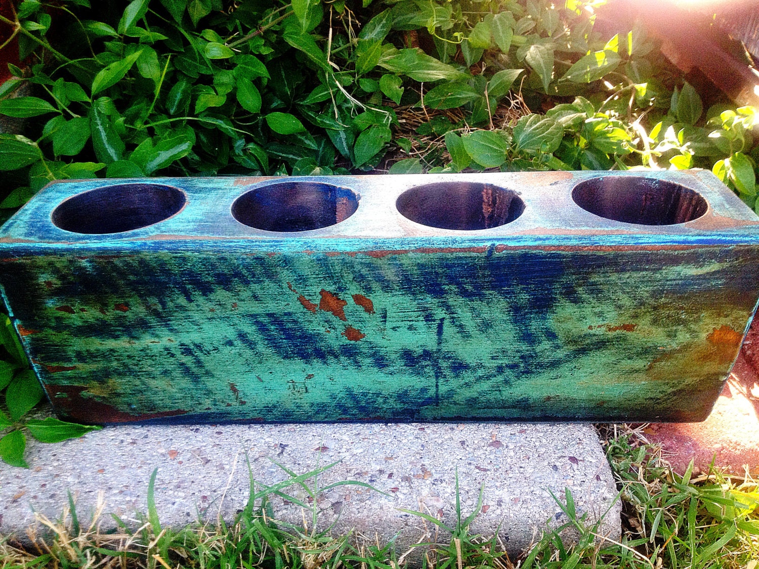 Up-cycled Wooden VOTIVE CANDLE HOLDER - Painted in Cobalt , Turquoise  & Distressed