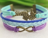 infinity bracelet--seahorse bracelet,antique bronze charm pendant,blue braid leather bracelet,purpleand teal cord ,MORE COLORS