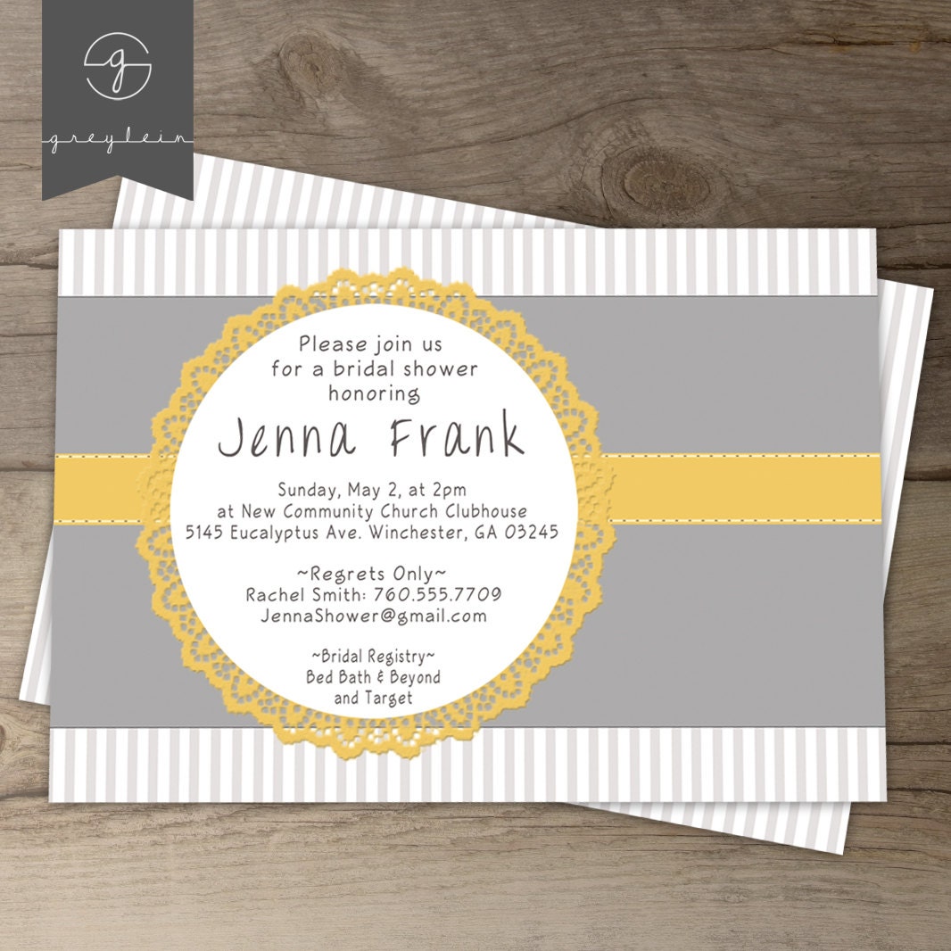 Bridal Shower Invitations / grey and yellow / stripes / DIY Printable / card or postcard