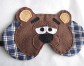 Teddy Bear sleep mask - adjustable strap - Blue and White Plaid - eye mask