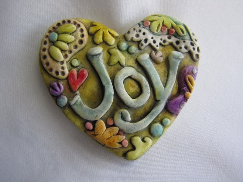 Joy magnet - antiqued paisley pattern - polymer clay