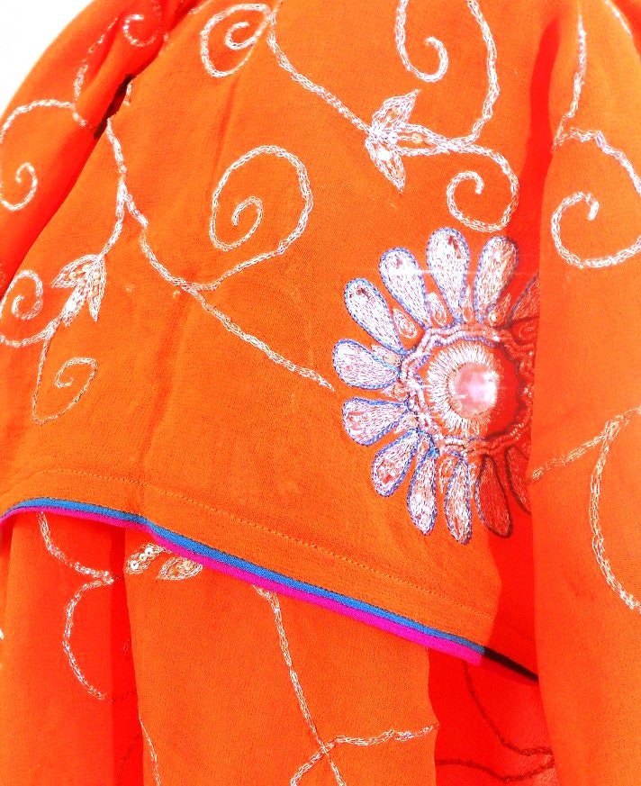 Medium Orange Silk Scarf, Wedding Wrap, Silk Chiffon Scarf, Beaded Scarf, Silk Sari Scarf, Neck Scarf