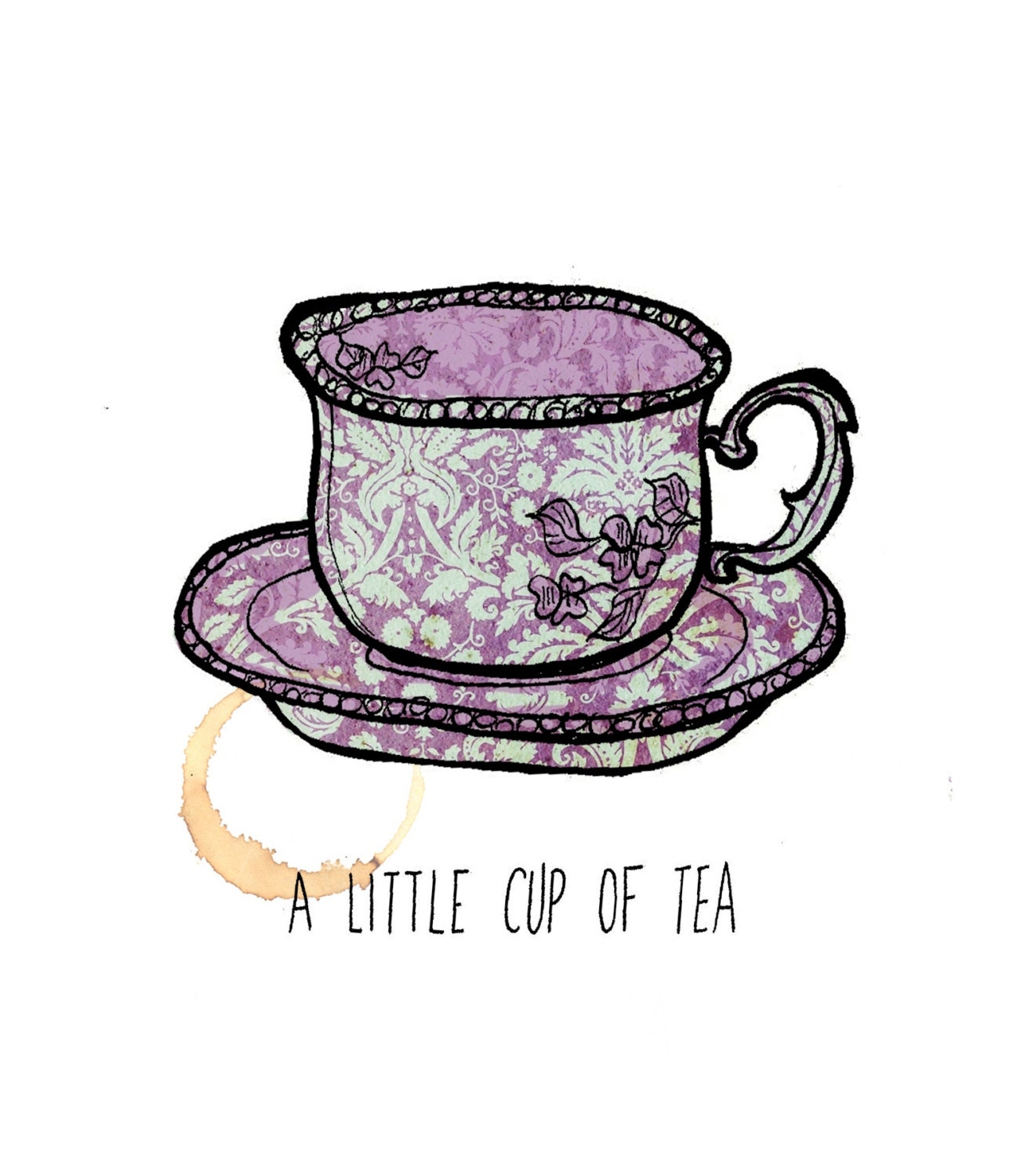 A Little Cup of Tea - ink, watercolour & collage illustration print on archival paper