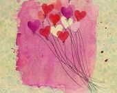 Happy Sky Hearts - ink, watercolour & collage illustration print on archival paper