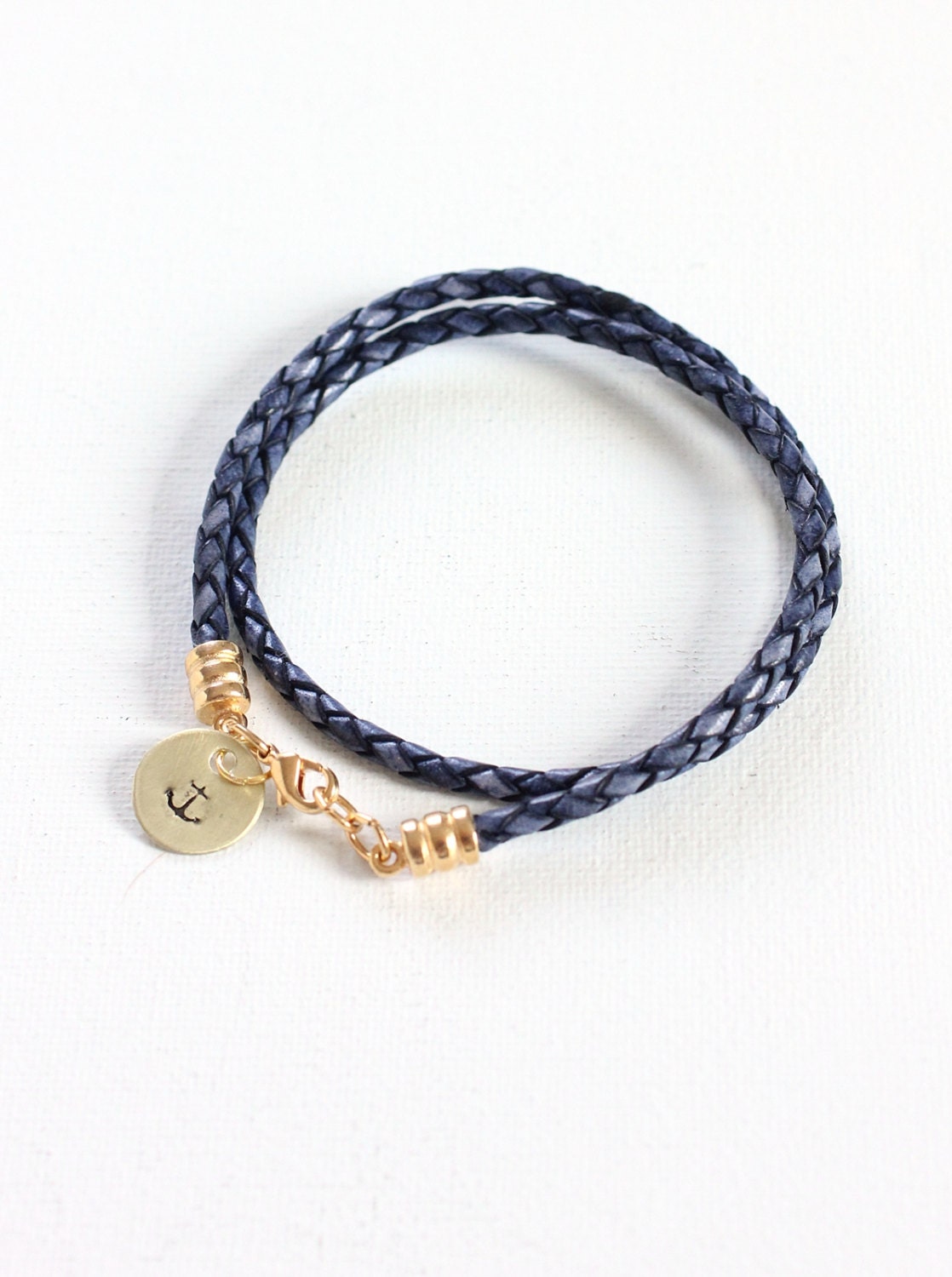 Nautical Jewelry, Sailor Bracelet Brass Anchor Charm. Navy Blue Leather Wrap Gifts for Her under 50 Dollars