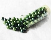 Green Glass 6mm Beads: vintage supplies, Gutermann brand beads, original container