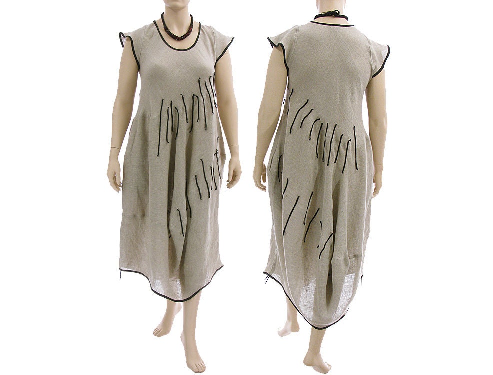 Artsy boho linen dress, balloony shape in natural with black / maxi dress - lagenlook for plus size women, large, extra large