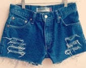 Levi Denim Jean Shorts Mid Waisted Distressed Dark Wash Shorts Hipster Boho