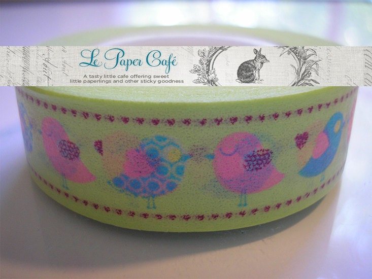 LITTLE BIRDS on GREEN Washi Tape - Decorative Pattern Masking Tape - 15mm x 15m