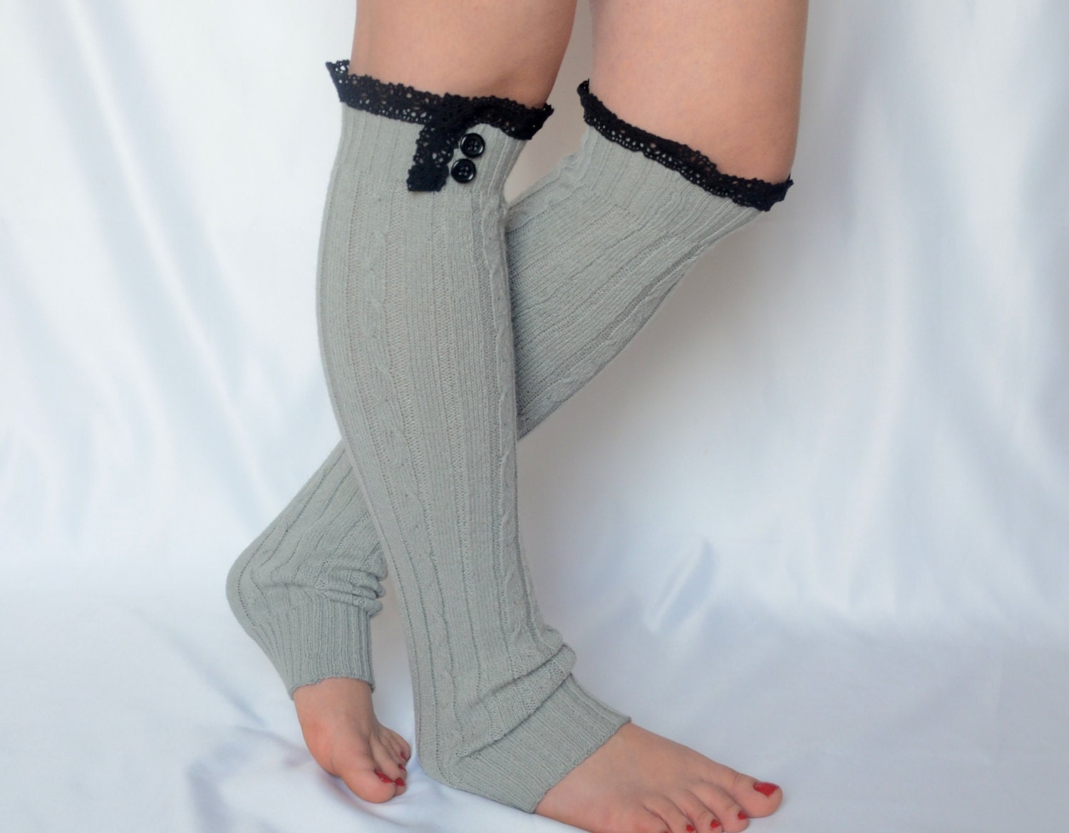 Grey machine knit leg warmers with cotton lace and buttons boot socks boot cuffs over the knee socks birthday gifts