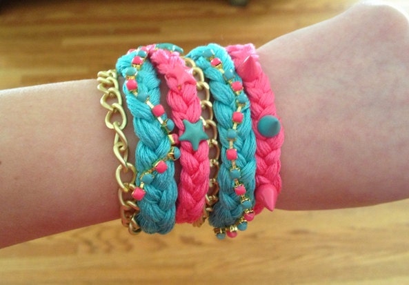 Boa wrap bracelet - made of hand woven elements, adorned with crystals, chain, metal spikes and stars.