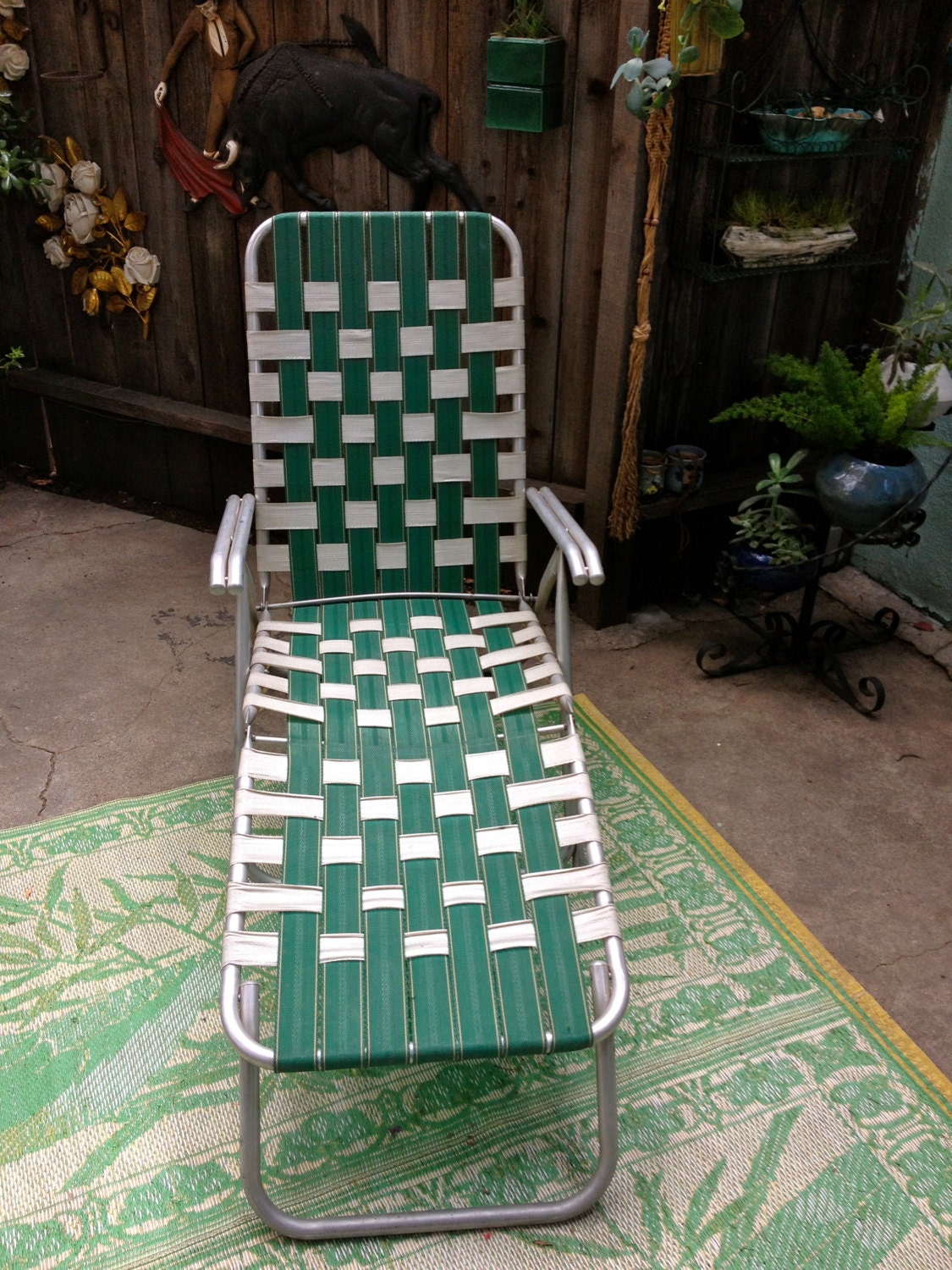 Vintage Aluminum Lawn Chair Green and White Webbed Folding Chaise Lounge - Great Condition