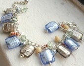 beachy blue, gray, sand & green glass bracelet on a silver plated chain