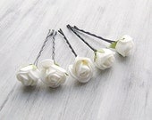 White  Flowers Bobby Pins, Roses Bridal Hair Pins, Woodland, Bridal Hair Clip, Flower Clips, Wedding Hair Accessory, set of 5