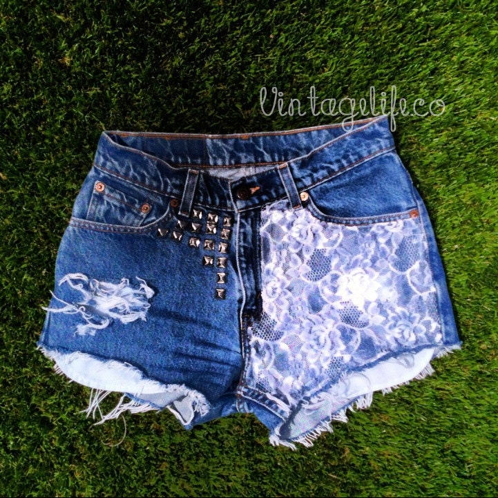 Vintage High Waisted Denim Jean LACE Panel Shorts distressed with Studs ALL Sizes Avail
