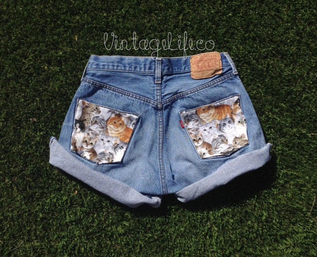 Vintage High Waisted Kitty Jean Shorts Cat Print Back Pockets All Sizes Available