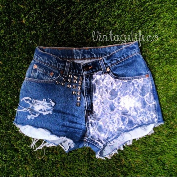 Vintage High Waisted Denim Jean LACE Panel Shorts distressed with Studs ALL Sizes Avail