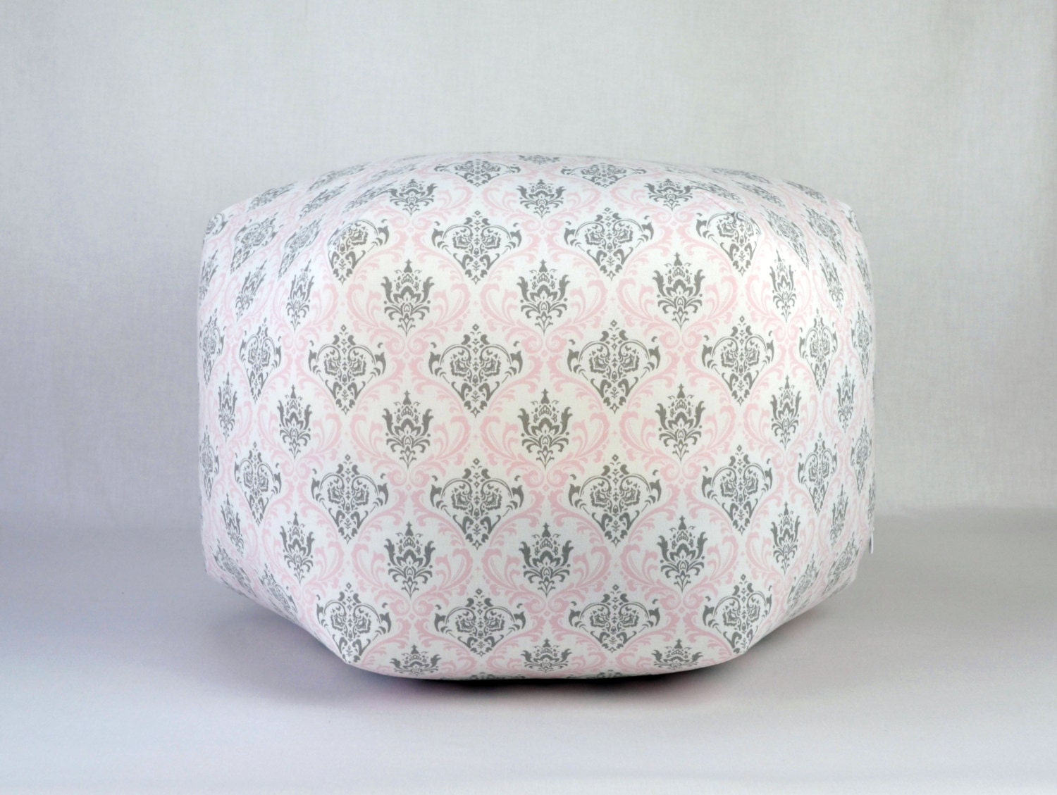 Nursery Decor Pouf Ottoman in Bella Pink Gray and White Madison Damask