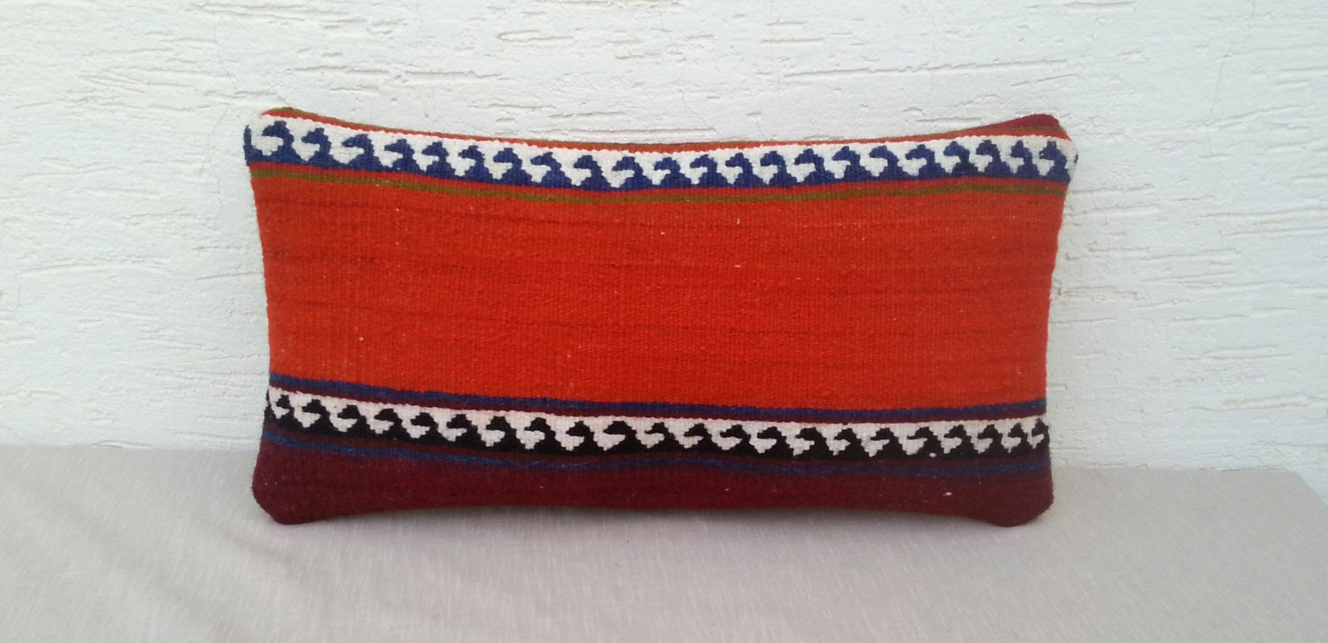 VINTAGE Home Decor Turkish Kilim Pillow Cover ,Decorative Throw Pillows,Bolster  Pillow,Orange Lumbar Kilim  Pillow Cover,10x20 inch.