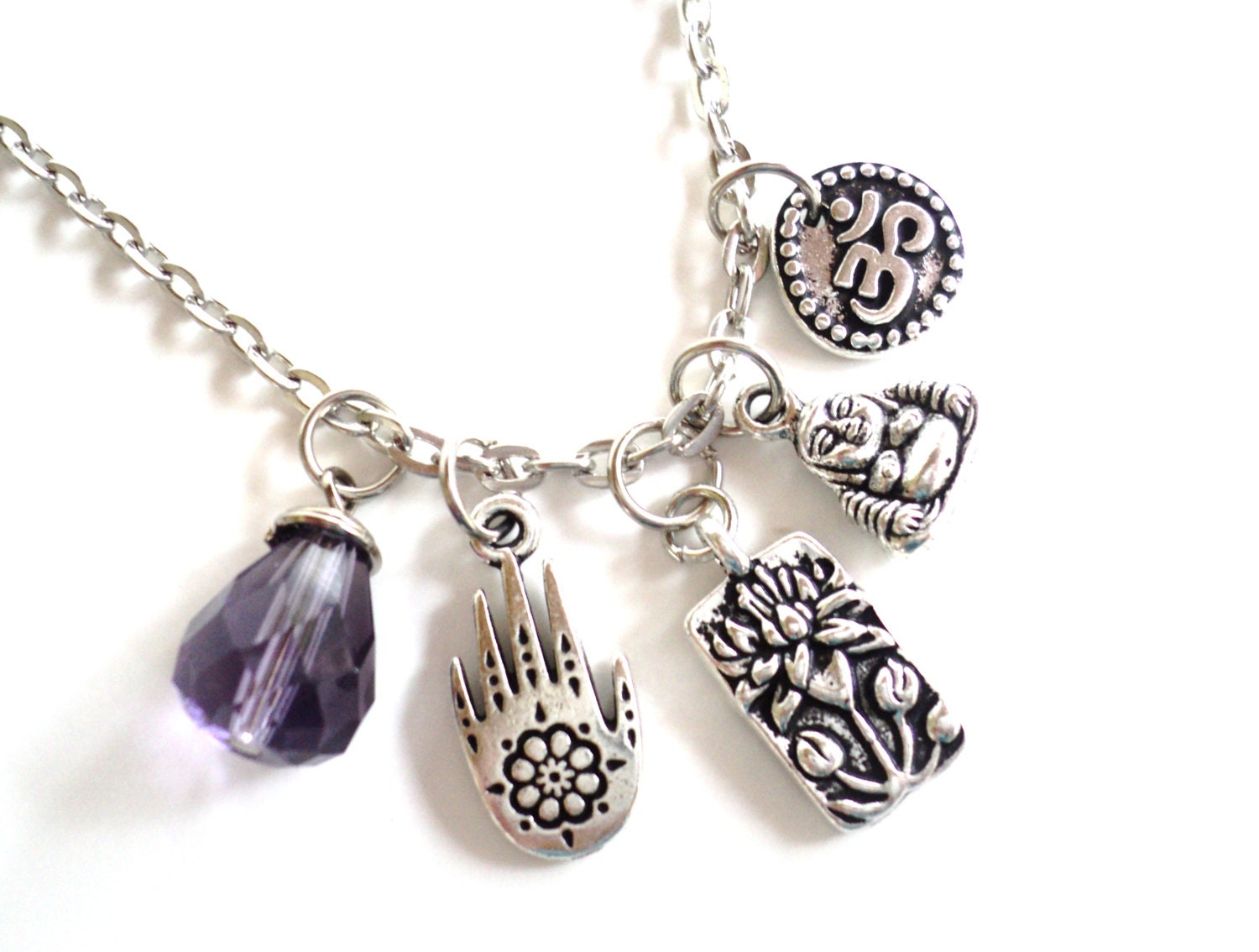 Lotus Charm Necklace Yoga Jewelry Om Hamsa Buddha Namaste Unique Gift For Her Birthday Valentines Mothers Day Under 30 Item T66
