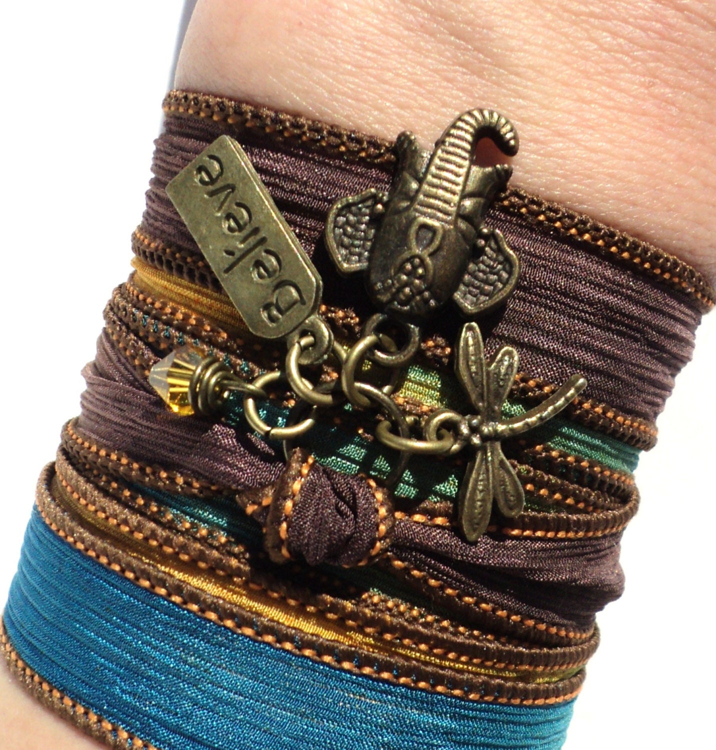 Bohemian Silk Wrap Bracelet Ganesha Believe Dragonfly Yoga Jewelry Sacred Elephant Upper Arm Unique Gift For Her or Him Under 30 Item Y4