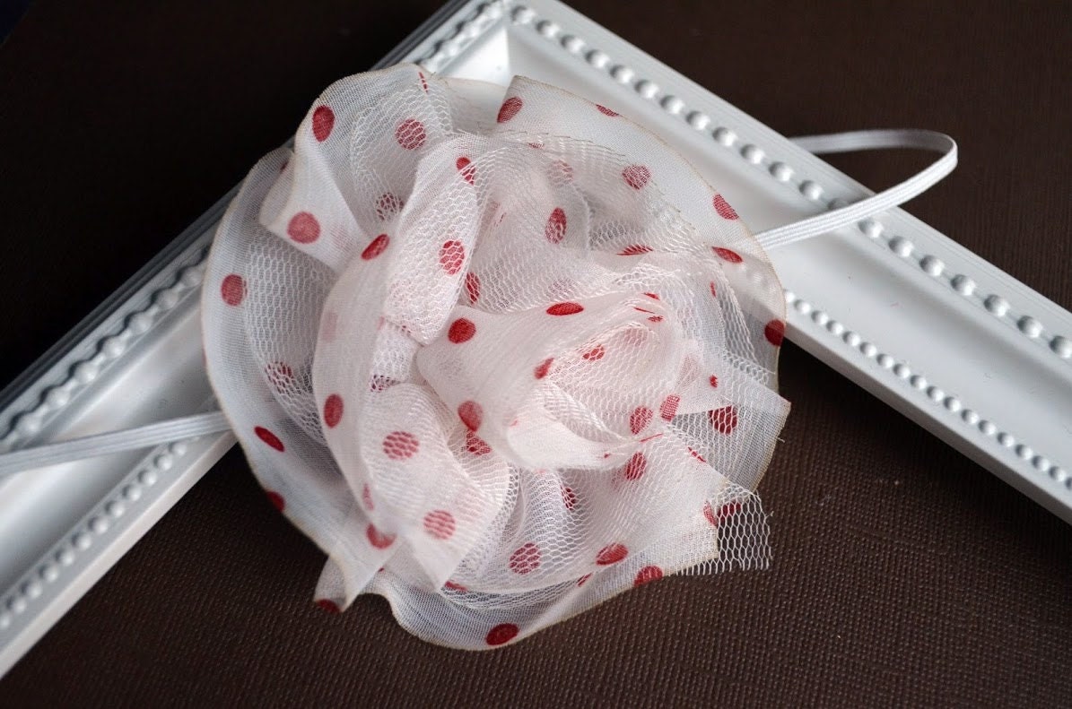 Valentine's Day White Chiffon/Tulle Flower with Red Polka Dot - For Baby or Adult
