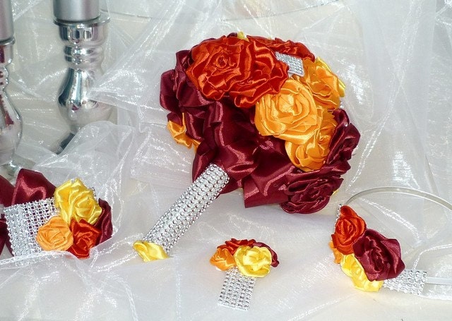 Satin  wedding bouquet  Multicolour world  roses and boutonniere