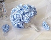 Satin  wedding bouquet  Azzura   roses and boutonniere
