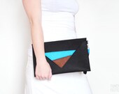 Geometric black blue and brown felt clutch bag