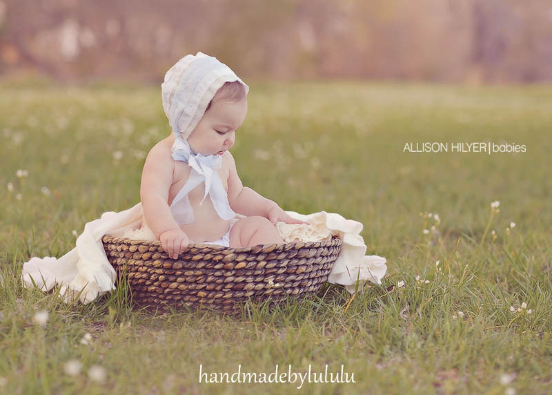 baby bonnet, simply from cream and soft blue fabric , newborn Photo prop, baby hat, vintage girl