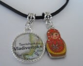 Russia. USSR. Adoption. Kazakhstan. Ukraine. Matryoshka Pendant Necklace World Map of Any Location Black Suede Chain