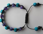 Adjustable Macramé Bracelet With Aqua Wooden Rounds and Purple Resin Rhinestone Beads on Waxed Cotton Cord