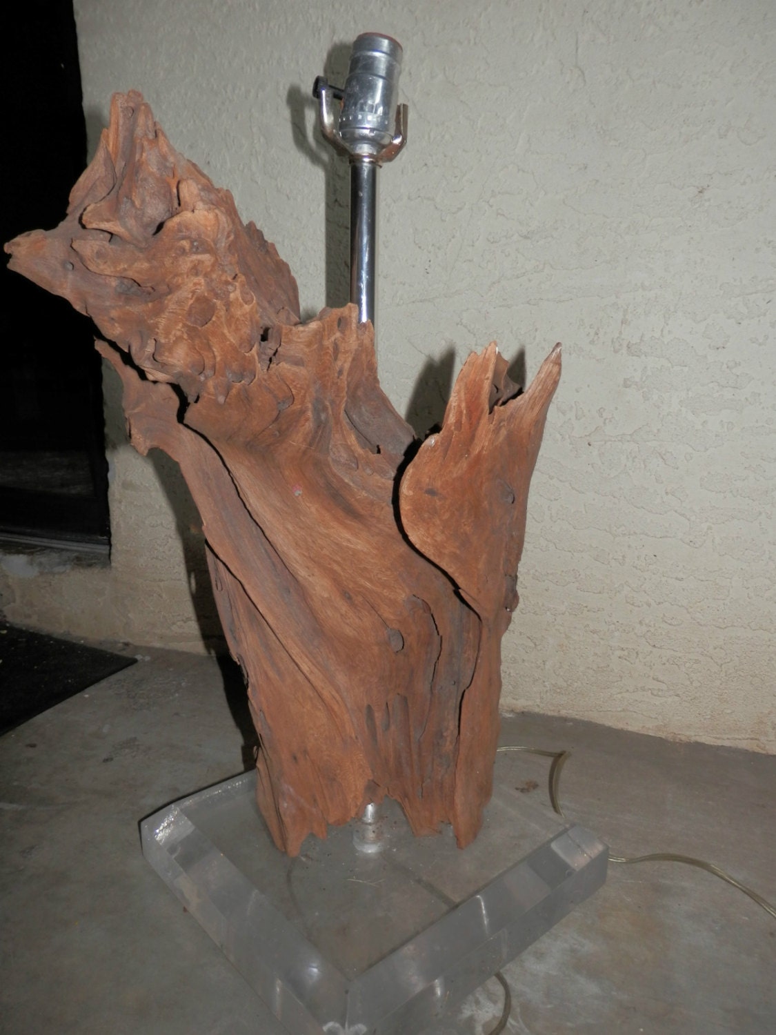 Vintage Large Natural Driftwood Lamp with Thick Clear Resin Base Drift Wood Table Lamp Electric - Incredible