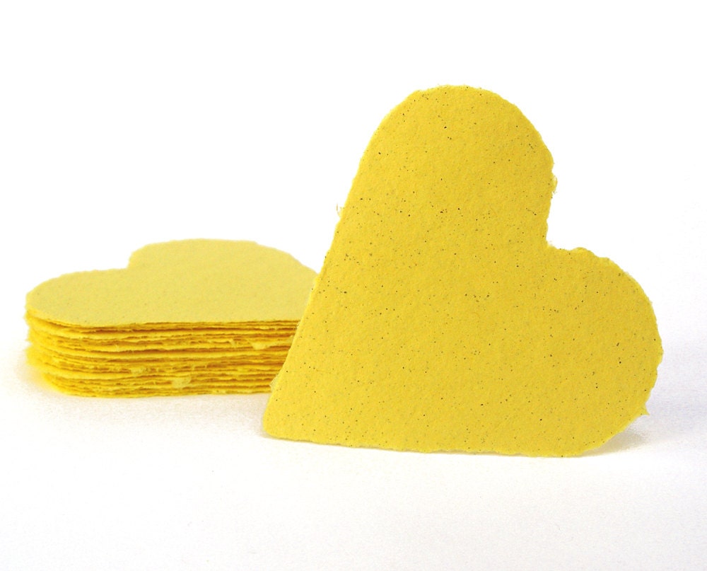 Yellow hearts, handmade paper, recycled, deckle edge, set of 10