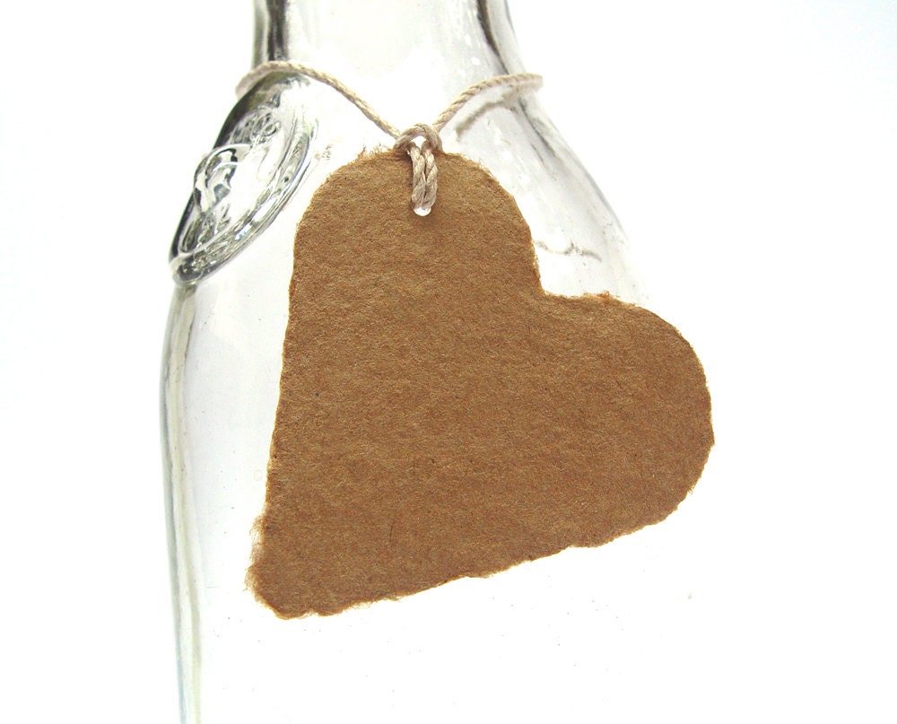 Brown heart tags, handmade kraft paper, recycled, deckle edge, set of 10