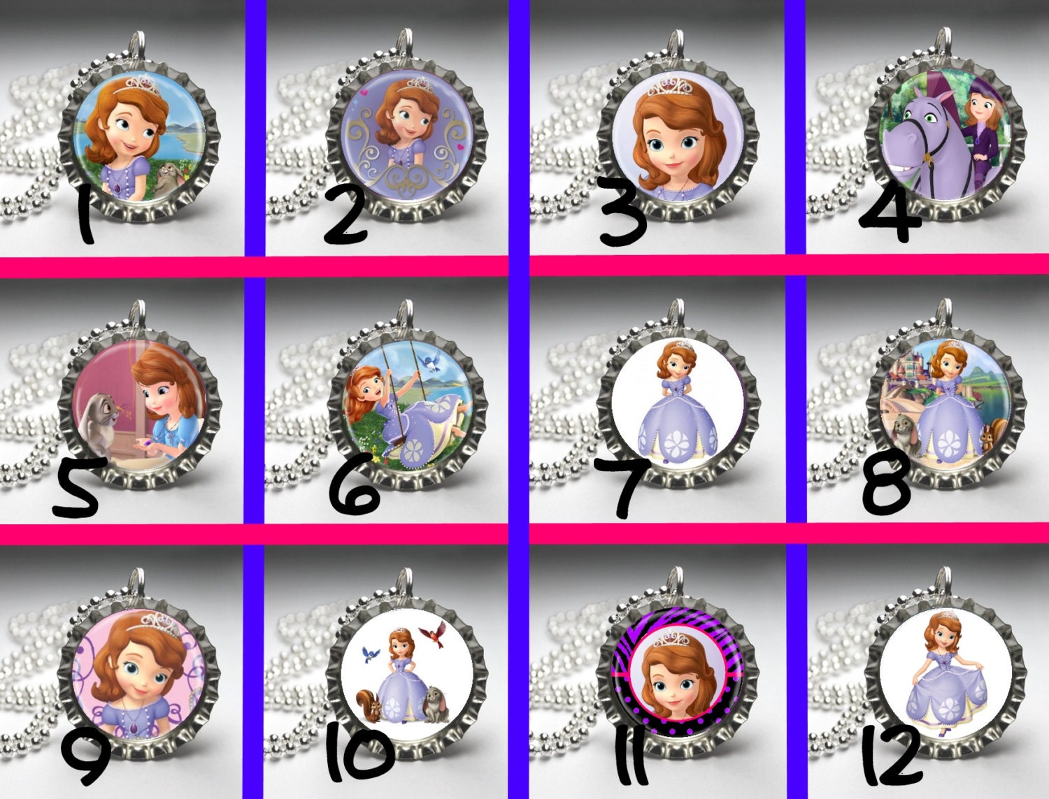 Princess Sofia 12 party bottle cap necklace Party Favor pack (12)  / contact me for other quantities needed