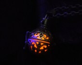 Glow in the Dark - Glow in the Dark Materia - Glowing Cage - Locket Necklace - Glow Pendant - Sun Orange Glow - Antique Silver Necklace