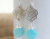 Blue Chalcedony Dangle Earrings, Blue And Silver Earrings, Delicate Earrings, Silver Earrings, Wire Wrapped Earrings