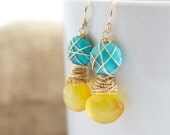 Yellow Chalcedony Dangle Earrings, Turquoise and Chalcedony Earrings, Wire Wrapped Earrings, Turquoise Earrings, Mother's Day Gifts