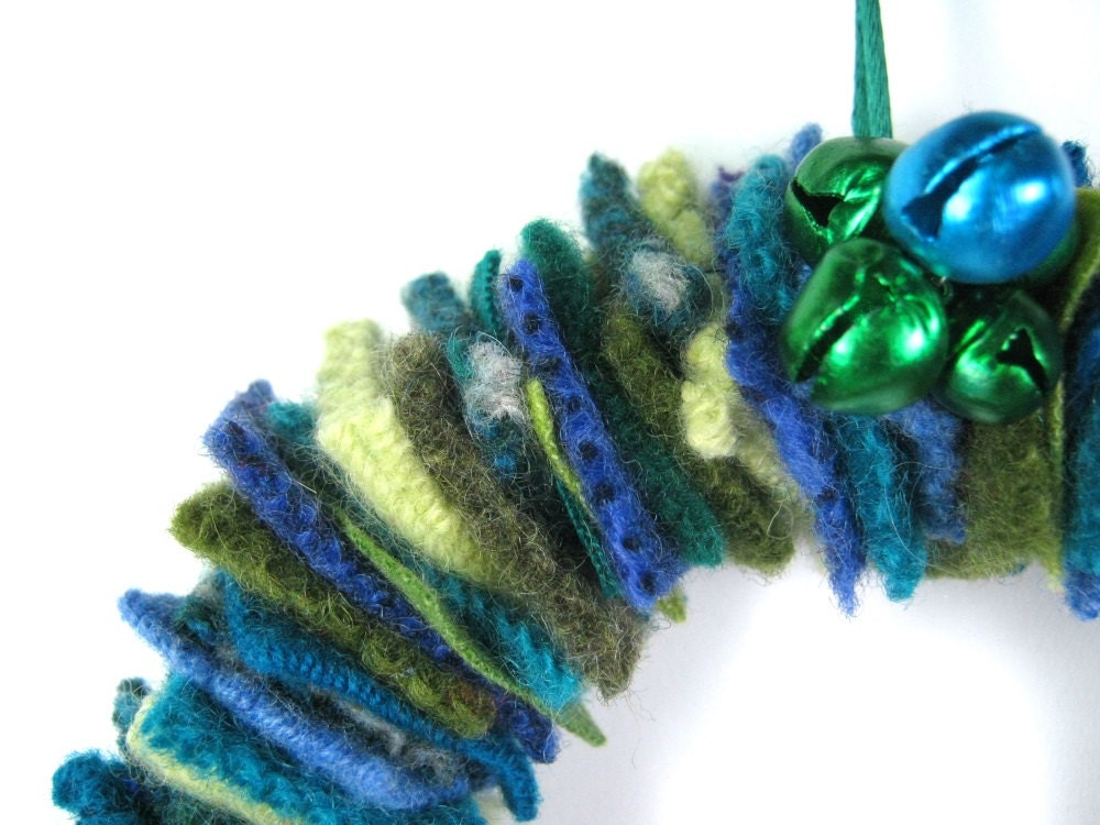 Turquoise green wool wreath Rustic texture Earth friendly decor Recycled sweaters
