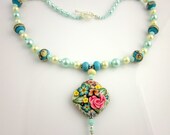 Floral Beaded Necklace, Lampwork Necklace,  Beadwork Necklace, Pearl Necklace, Statement Necklace, Gifts for Her, Beaded Jewelry