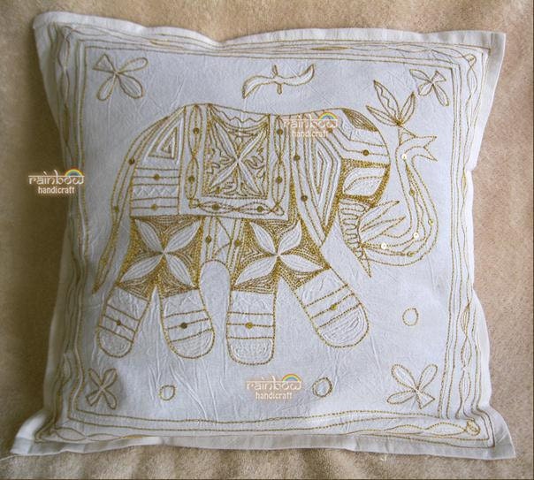 cotton cushion pillow cover case elephant zari gold embroidery handmade work ethnic indian art home decor